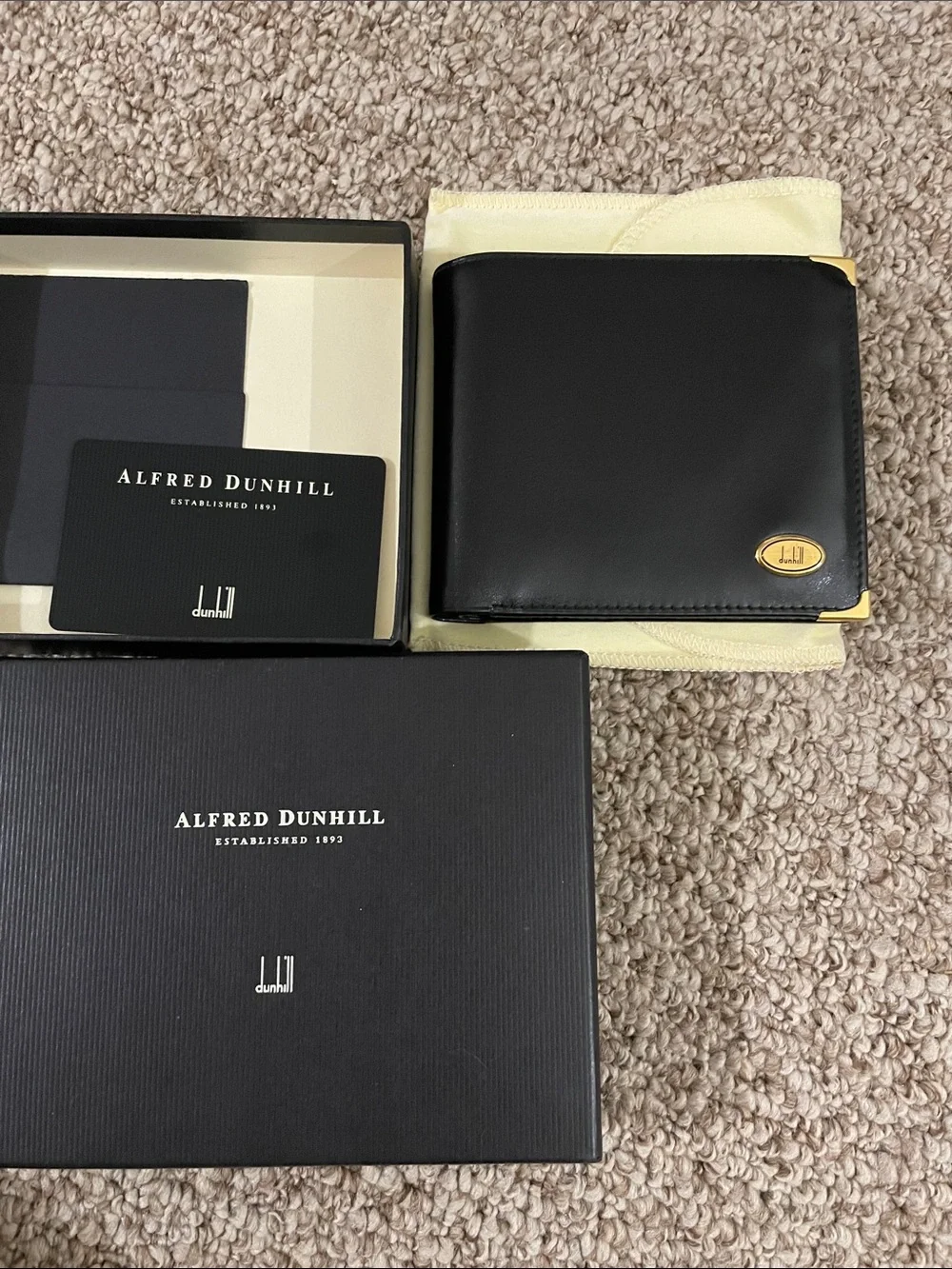 Dunhill Black Leather Wallet with Gold Corner Accents
